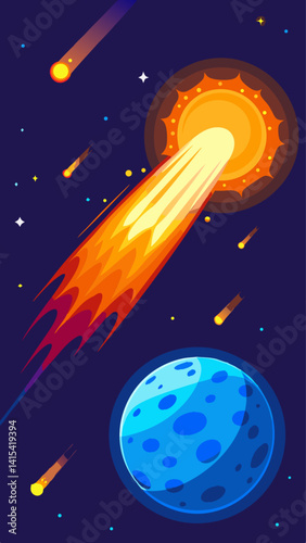 A colorful sky with a starry background and a mountain range in the foreground. The sky is filled with shooting stars, and the mountains are covered in trees