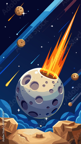 A cartoon of a planet with a large crater and a fire in the middle. The fire is surrounded by a lot of rocks and debris