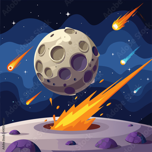 A cartoon of a planet with a large crater and a fire in the middle. The fire is surrounded by a lot of rocks and debris