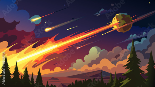 A painting of a fiery comet shooting through the sky. The comet is surrounded by a cloud of fire and is accompanied by a few other comets. The sky is dark and the painting has a sense of danger