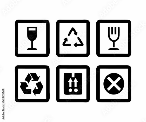 Set of Black and White Shipping Symbols for Fragile and Handling Instructions