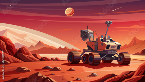 A space rover is driving through a desert planet with a red sky. The rover is equipped with a camera and a radio