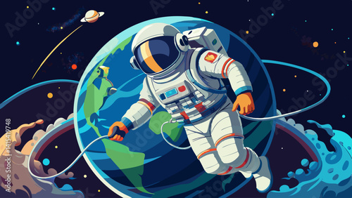 A man in a space suit is floating in space with a planet in the background. The man is holding a basketball