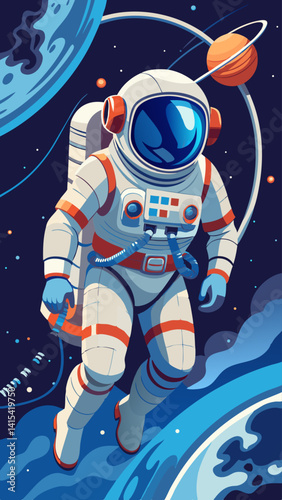 A man in a space suit is floating in space with a planet in the background. The man is holding a basketball
