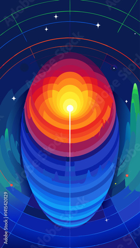 A colorful painting of a planet with a yellow sun in the center. The painting is abstract and has a dreamy, otherworldly feel to it