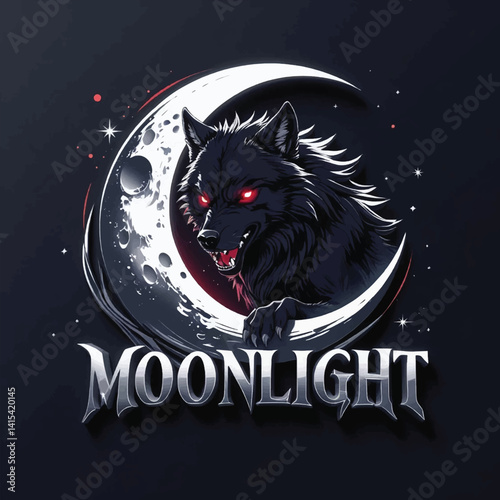 Howl of the Night: Glowing-Eyed Wolf and Mystical Moon with Bold “MOONLIGHT” Text in a Dramatic, Fantasy Logo Composition, Typography Vector T-shirt Design