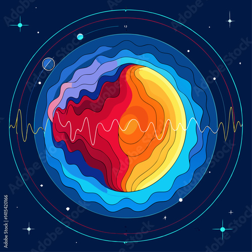 A colorful painting of a planet with a yellow sun in the center. The painting is abstract and has a dreamy, otherworldly feel to it