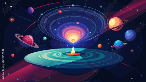 A colorful space scene with a bright yellow star in the center. The star is surrounded by planets and a blue sphere. The scene is full of vibrant colors and gives off a sense of wonder and excitement