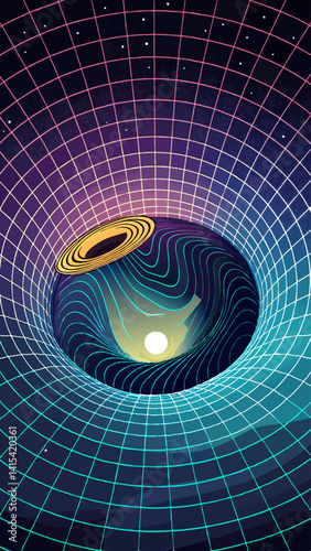 A spiral galaxy with a black hole in the center. The spiral is orange and yellow. The galaxy is surrounded by a black background