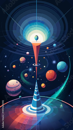 A colorful space scene with a bright yellow star in the center. The star is surrounded by planets and a blue sphere. The scene is full of vibrant colors and gives off a sense of wonder and excitement