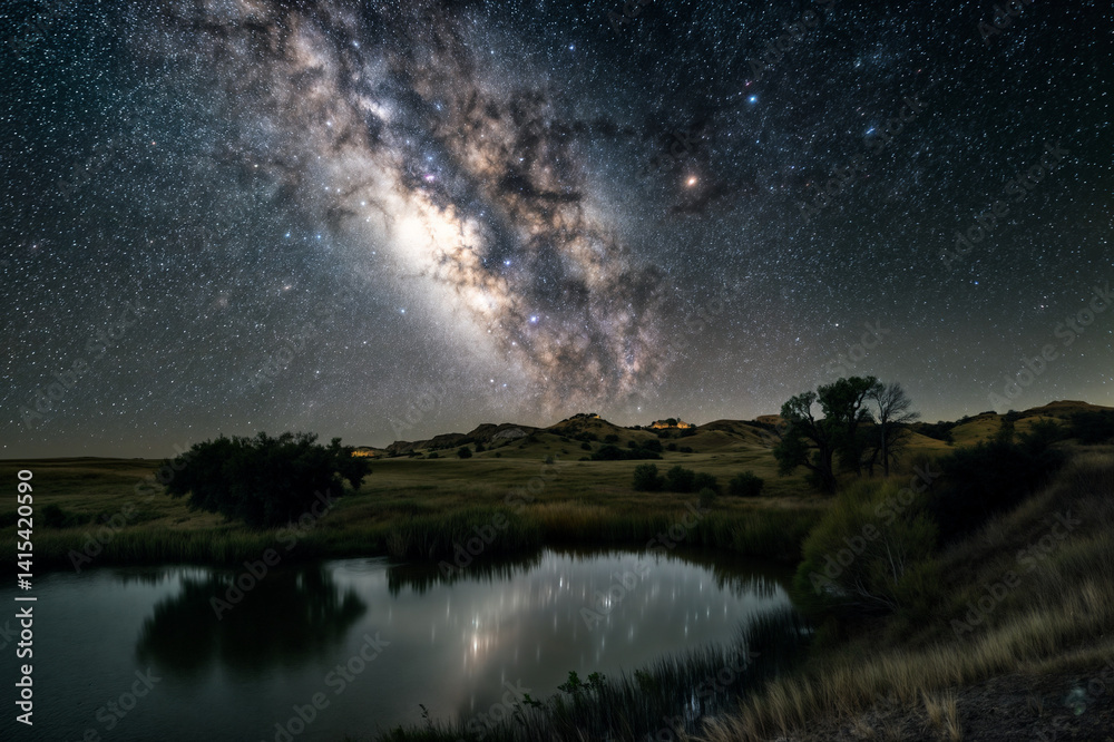 The image captures a serene night sky with the Milky Way prominently visible, reflecting in a still pond below
