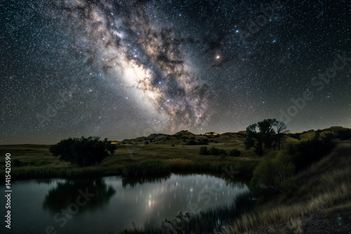 Obraz na płótnie The image captures a serene night sky with the Milky Way prominently visible, reflecting in a still pond below w salonie