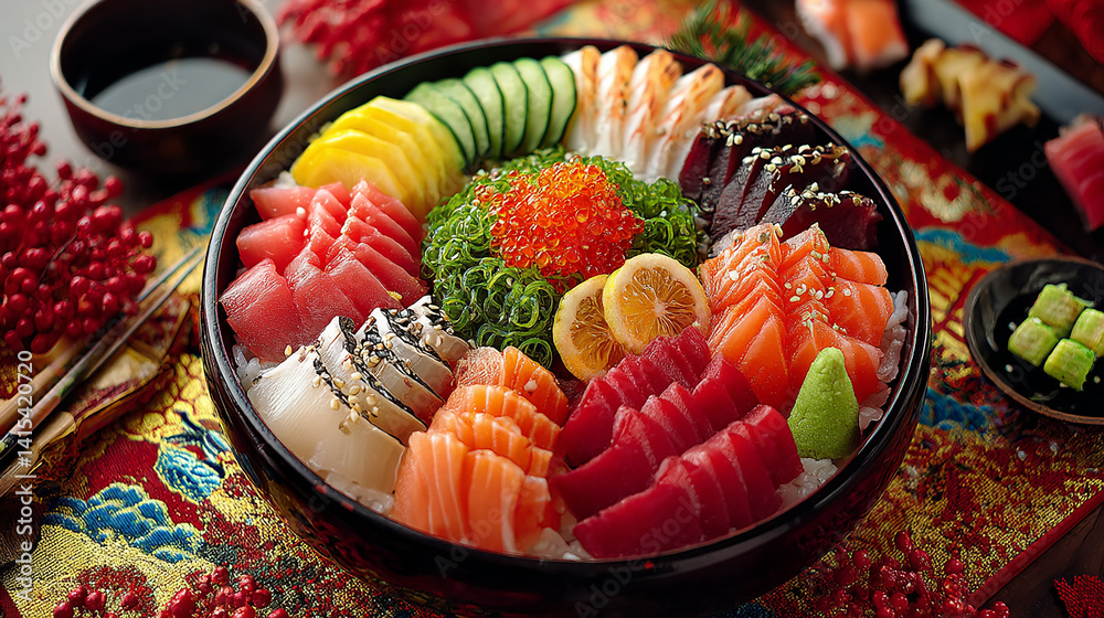 Japanese chirashi sushi scattered sashimi and toppin