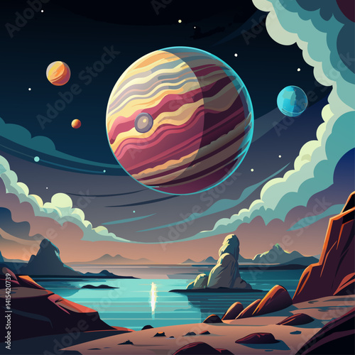 A colorful painting of a planet with a blue ocean and a rocky shore. The painting has a dreamy, otherworldly feel to it