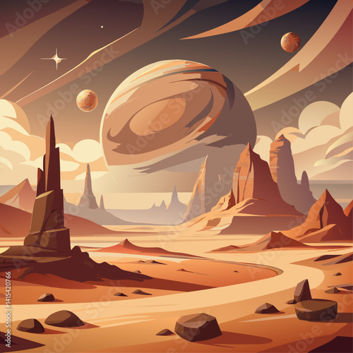 A desert landscape with a large planet in the background. The sky is cloudy and the sun is setting