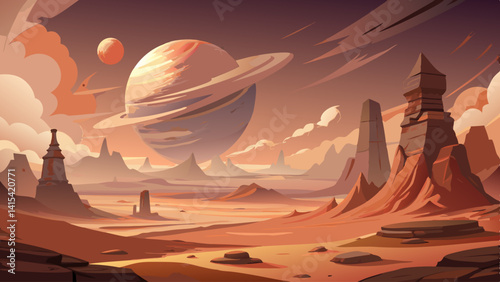 A desert landscape with a large planet in the background. The sky is cloudy and the sun is setting