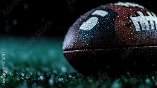 Wet football on a dewy field.  Close-up of a water-covered American football resting on a grassy field, in a dimly lit setting, suggesting a rainy game