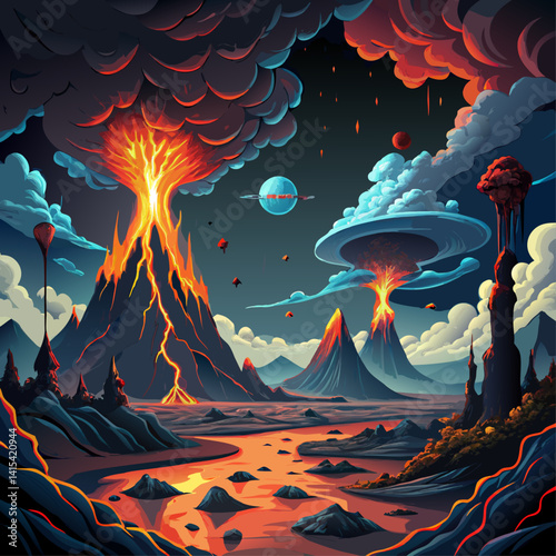 A volcanic landscape with three volcanoes and a lightning storm in the background. Scene is intense and dramatic