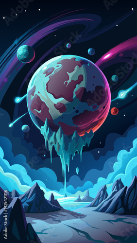 A serene and peaceful scene of a blue planet with a blue ocean and several other planets in the background. The blue planet is the main focus of the image