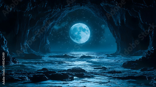 Cave opening overlooks ocean at night full moon lights up the scene stars in the night sky Waves are coming to the ro