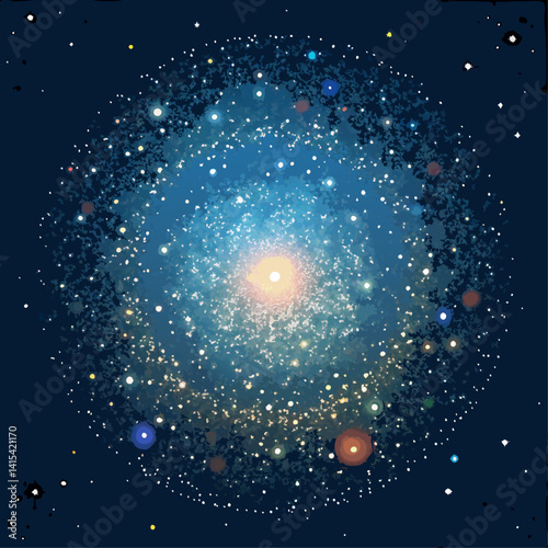 A colorful galaxy with a bright yellow star in the center. The stars are scattered throughout the galaxy, with some closer together and others further apart. Scene is one of wonder