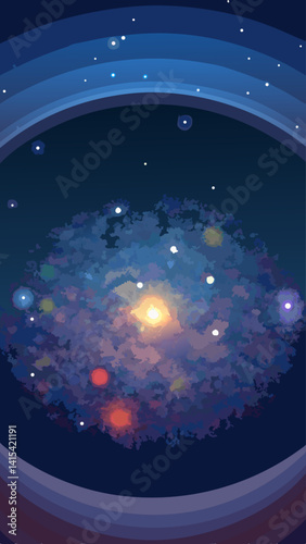 A colorful galaxy with a bright yellow star in the center. The stars are scattered throughout the galaxy, with some closer together and others further apart. Scene is one of wonder