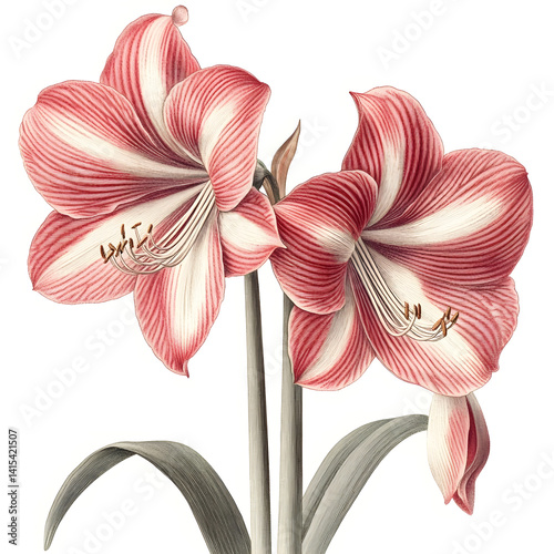 vintage amaryllis botanical illustration engraved with fine pencil lines and soft muted red tones antique floral clip art white background