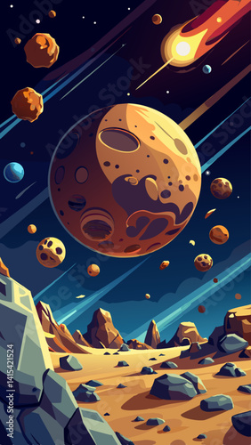 A space scene with a large orange planet in the center and several other planets surrounding it. Scene is one of wonder and exploration, as if the viewer is looking out into the vastness of space