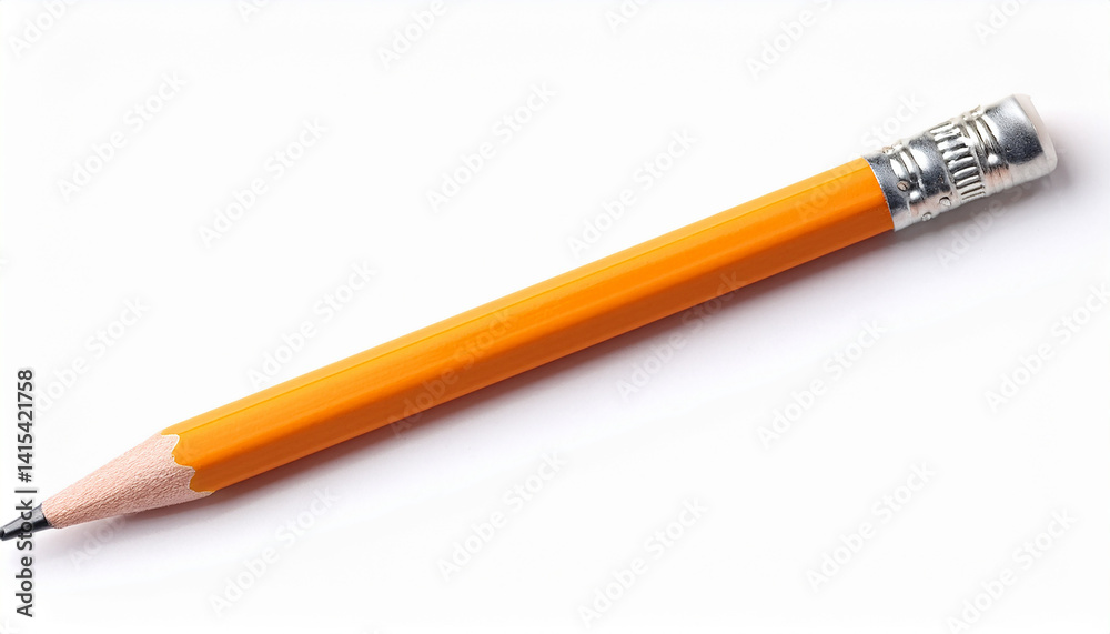 Classic Yellow Wooden Pencil with Sharpened Graphite Tip and Eraser Isolated Horizontally on Clean White Background - Studio Shot Object Classic Yellow Wooden Pencil with Sharpened Graphite Tip and Eraser Isolated Horizontally on Clean White Background - Studio Shot Object