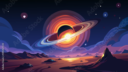 A colorful painting of a planet with a large hole in the middle. The painting is of a space scene with a large planet in the center and smaller planets surrounding it. The painting has a dreamy