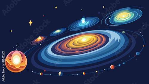 A colorful spiral with planets and a sun in the center. The planets are in different sizes and colors, and the sun is in the middle of the spiral. The spiral is surrounded by a blue background