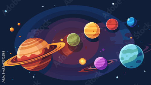 A colorful painting of the planets in the solar system. The painting is very detailed and has a lot of different colors. The planets are arranged in a circle, with the sun in the center