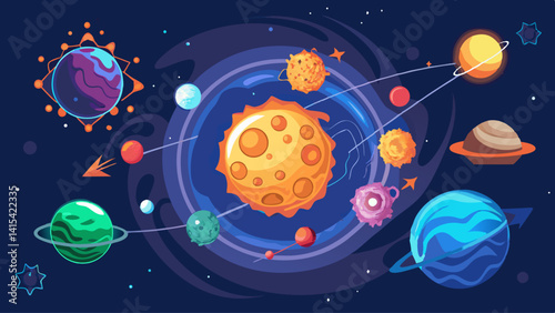 A colorful space scene with planets and a sun. The planets are all different sizes and colors, and they are all scattered throughout the scene. Scene is one of wonder and exploration