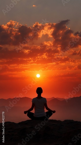 Silhouette of woman meditating at sunrise
