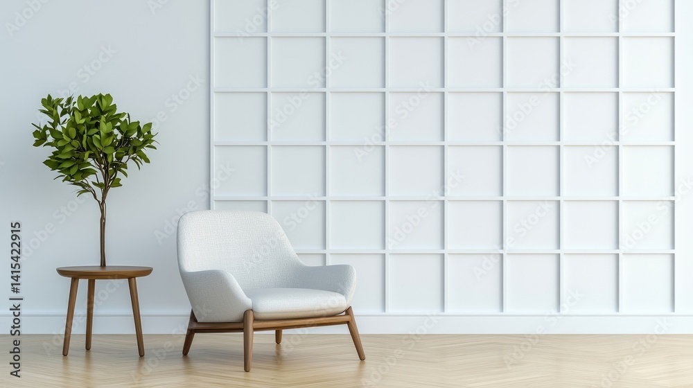 Fototapeta premium Modern minimalist living room with a single armchair, small table, and plant