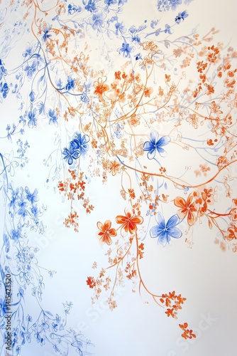 Obraz na płótnie Delicate Floral Patterns in Blue and Orange on a White Background w salonie