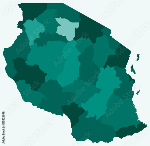 Map of Tanzania with regions. Just a simple country border map with region division. Teal color palette. Plain United Republic of Tanzania shape with administrative division. Vector illustration.