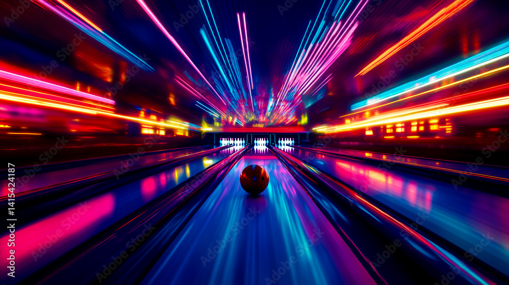 Fototapeta premium Vibrant neon-lit bowling alley with a ball flying towards the pins