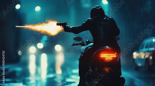 Nighttime motorcycle chase with gunfire in urban rain