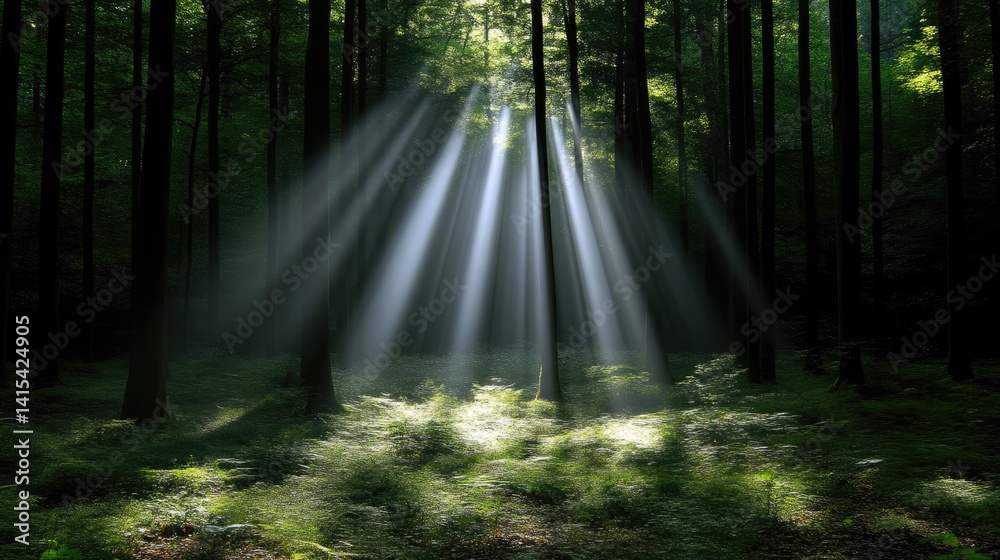 Fototapeta premium Sunlight beams through dark forest canopy. Sunlight piercing through dense trees, illuminating forest floor. Soft light filtering through foliage