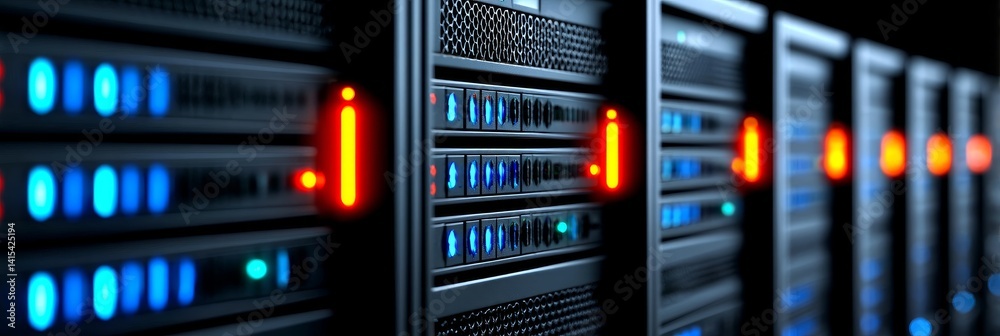 Network Server Row with Glowing LEDs - High-tech data center, server farm, infrastructure, network technology, computing power Network Server Row with Glowing LEDs - High-tech data center, server farm, infrastructure, network technology, computing power
