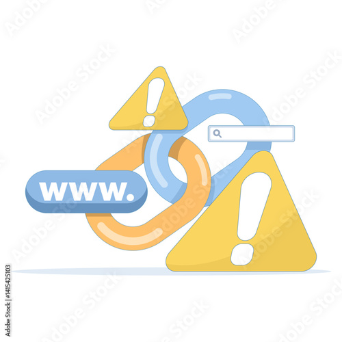 dangerous and suspicious link concept. warning notification if website address is not safe. warning sign with chain and search field. illustration of minimalist symbol or icon.