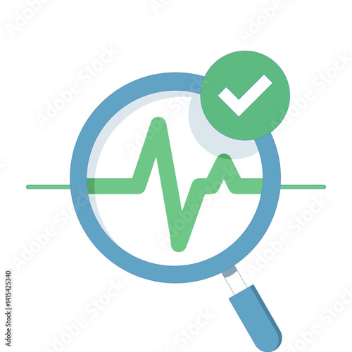 health tracking concept, magnifying glass with waveform graph and check mark. health equipment application. medical diagnostics, fitness analysis or health monitoring. Flat icon illustration
