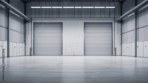 Industrial warehouse with large automatic rolling doors and advanced security monitoring system, restricted access zone