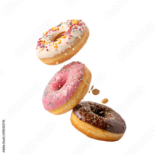 3 donuts falling isolated on white background