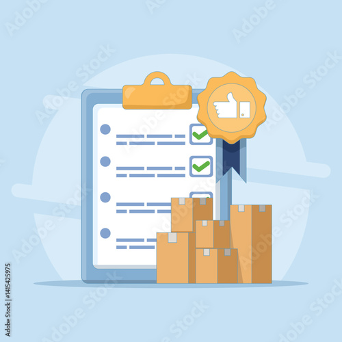 Product Quality Approval Concept. Clipboard with Approval Badge and Box. Product quality control inspection. Checklist and medal badge that guarantees superior delivery service. Flat Design.