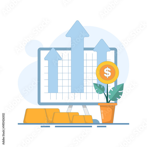 gold investment concept. price increase and profit from gold sales every year. profit and success. gold bullion price data display illustration. flat style design illustration.