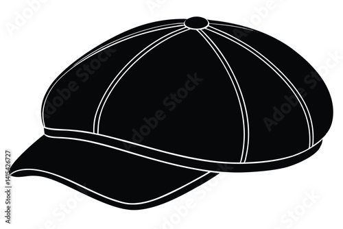 Elegant black newsboy cap with eight panel design and button detail