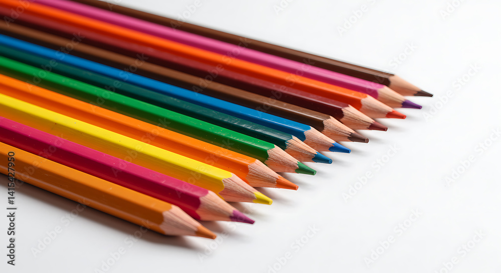 Multiple colored pencils aligned, recently sharpened on bright white background Multiple colored pencils aligned, recently sharpened on bright white background