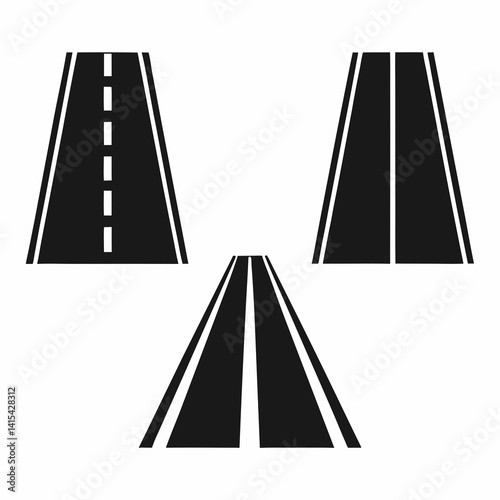 Black Silhouette Illustration of Curved and Winding Roads with Dashed Lines